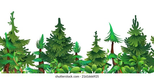 Bosque de pinos. Árboles de abetos de coníferas. Ilustración horizontal sin inconvenientes. Estilo de dibujos animados paisajísticos. Aislado sobre fondo blanco. Vector.