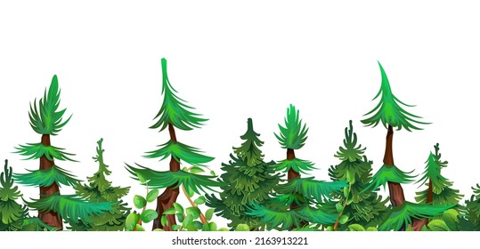 Pine forest. Coniferous spruce trees. Landscape cartoon style. Seamless horizontal illustration. Isolated on white background. Vector.