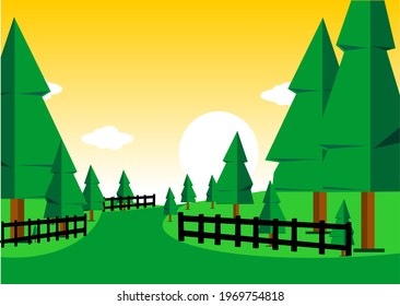 a pine forest design with a sunset background and decorated with a fence