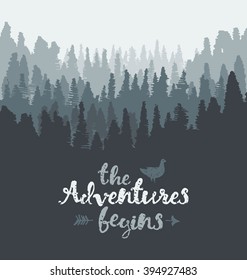 Pine forest design template, hand drawn vector illustration