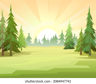 Pine forest in distance. Sun with rays. Morning or evening landscape in nature. Illustration in cartoon style flat design. Vector.