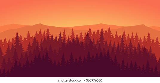 Pine forest at dusk landscape background