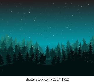 Pine Forest Environment With Snow at Night, Vector Illustration. 