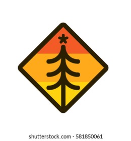 Pine forest flat badge with star isolated on white background