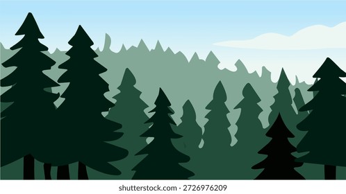 Pine forest in flat style for natural woodland illustration. Ideal for outdoor themes, eco branding, adventure visuals, and background design.