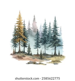 pine forest in the fog vector illustration in watercolor style