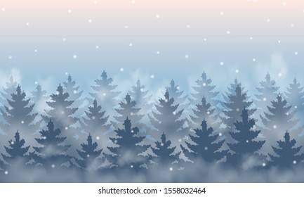 Pine Forest Fog Winter White Snow Stock Vector (Royalty Free ...