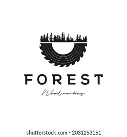 pine forest and grinder logo design vector for woodworking or carpentry