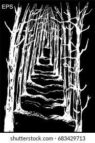 Pine forest - hand-drawn, sketch. Sketch on black background - vector illustration