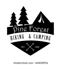 Pine Forest Hiking and Camping Logo, a vector logo of outdoor camping activity.