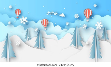 Pine forest with hot air balloons and Santa Claus flying in the sky on Christmas. Merry Christmas, Happy new year. paper cut and craft style. vector, illustration.