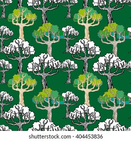 Pine forest. Japanese style seamless vector pattern with hand drawn trees. Oriental textile collection. Green.