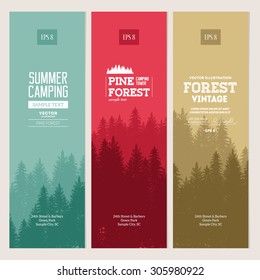 Pine forest. Journey banner collection. Vector illustration