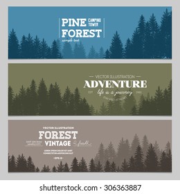 Pine forest. Journey banner collection. Vector illustration