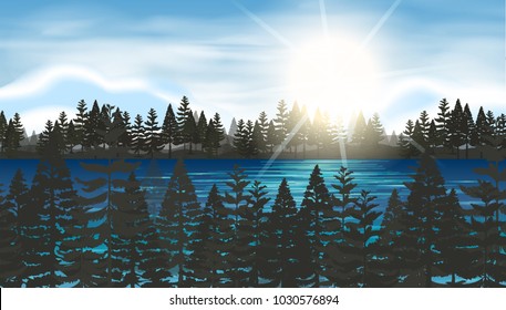 Pine forest at the lake illustration