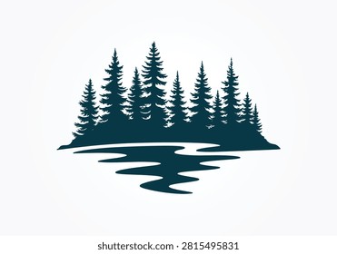 Pine Forest Lake Silhouette with Evergreen Trees and Water Nature Landscape Vector for Outdoor Adventure Design