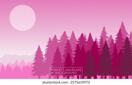 Pine forest landscape background with full moon and purple sky vector illustration