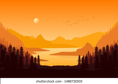 Pine forest landscape in evening sunset with mountain sky illustration