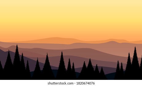 Pine forest landscape at evening sunset with mountain sky illustration