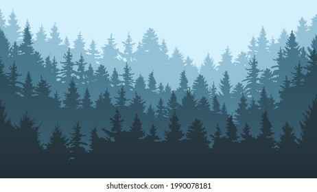 Pine forest landscape. Evergreen spruce tree park view, coniferous forest landscape vector background illustration. Nature evergreen woods panorama. Forest pine park, view of coniferous