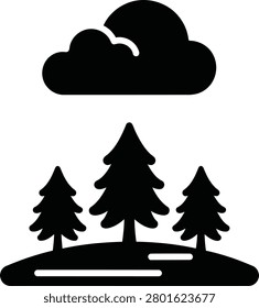 Pine forest landscape icon under a dark storm cloud weather symbol