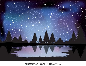 pine forest landscape illustration at night time - Vector