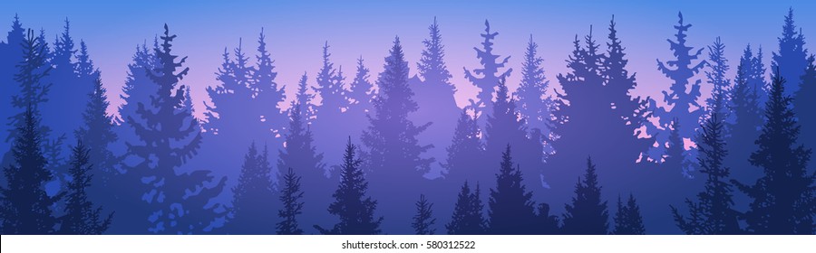 Pine Forest Landscape Mountain Sky Woods Flat Vector Illustration