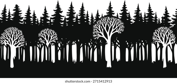 Ilustración vectorial de silueta de paisaje de bosque de pinos para temas de naturaleza salvaje y fondos de aventuras de camping.