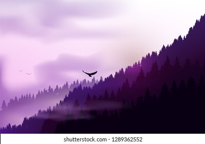 Pine forest landscape under a purple morning sky with birds and clouds.