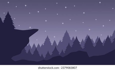 Pine forest landscape vector illustration. Silhouette of coniferous mountain in the night with starry sky. Pine forest landscape for background, wallpaper or landing page