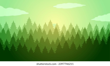 Pine forest landscape vector illustration. Scenery of coniferous forest in the morning with cloudy sky. Pine forest landscape for background, wallpaper or illustration