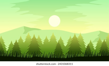 Pine forest landscape vector illustration. Silhouette of a coniferous forest in the morning. Pine forest landscape for illustration, background or wallpaper