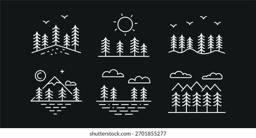“Modern Pine Forest Line Art Landscape Icons with Sun, Moon and Clouds