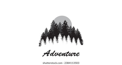 Pine forest logo with a minimalist design, suitable for an adventure theme.