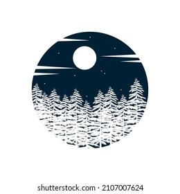 pine forest with moon at night logo vector icon illustration design template