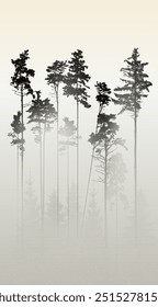 Pine forest in the morning fog. Vector illustration. Sketch for creativity.