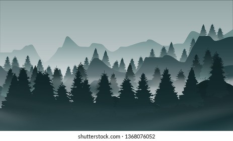 Pine forest in morning. Nature landscape vector background.