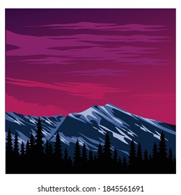 Bosque de pino y montaña para ilustración de fondo e imagen