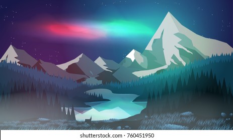 Pine Forest with Mountain Lake at Night,Aurora  - Vector Illustration