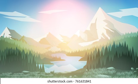 Pine Forest with Mountain Lake  - Vector Illustration