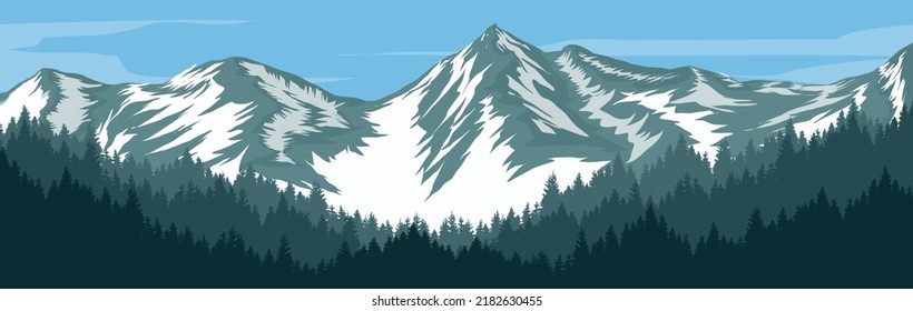 Pine forest mountain landscape vector with snowy mountains as background  For designing book covers, website templates.