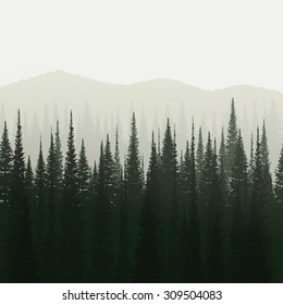 Pine forest and mountain. Nature landscape vector background.