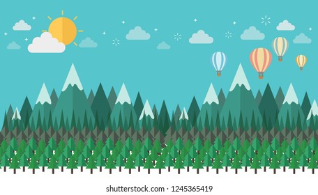 Pine forest in mountain view and blue sky. flat design