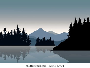 Pinienwald Berge mit dem See. Vektorgrafik im Flachstil.