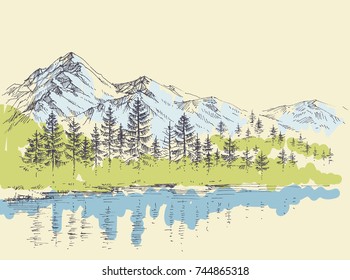 Pine forest in the mountains over lake