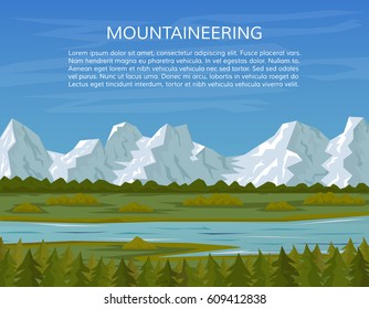Pine forest, mountains and river landscape. Mountaineering or travelling background, hiking adventure concept. Climbing, trekking, outdoor vacation or extreme sports banner. EPS10 vector illustration.