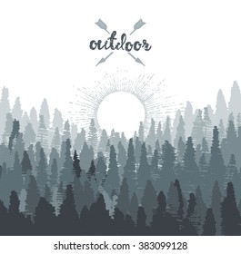 Pine forest in mountains at sunrise design template, hand drawn vector illustration