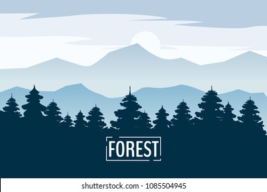 Pine forest and mountains vector backgrounds. Panorama landscape spruce silhouette illustration, vector, isolated