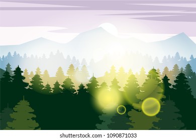 Pine forest and mountains vector backgrounds. Panorama landscape spruce silhouette illustration, vector, isolated