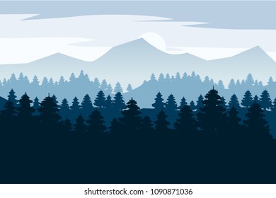 Pine forest and mountains vector backgrounds. Panorama landscape spruce silhouette illustration, vector, isolated